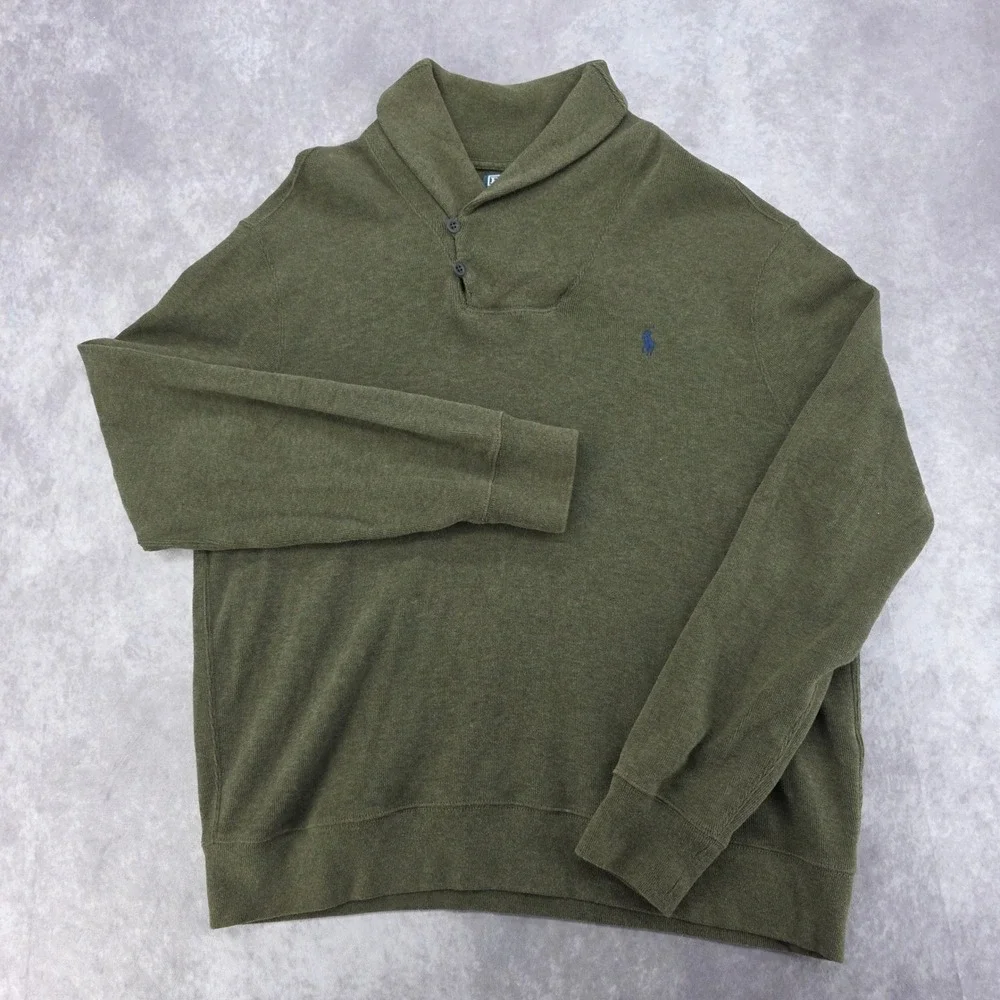 Polo Ralph Lauren Mens XL Shawl Collar Cotton Sweater Olive Green Blue Pony Logo